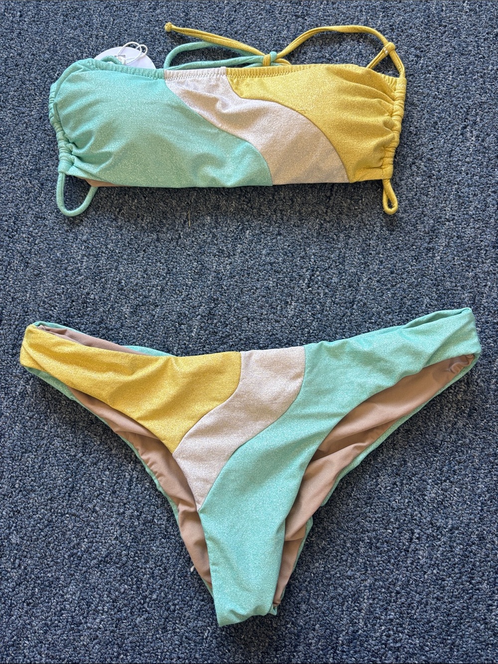 NWT PQ glitter gold and teal set, bandeau top and Brazilian bottom. Size small